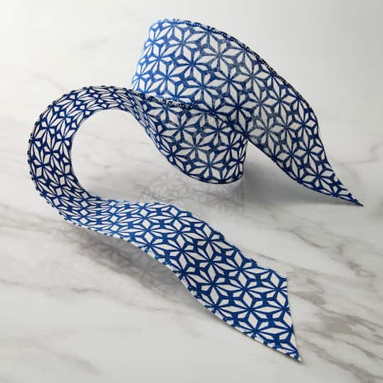 2.5" x 3yd. Blue Geometric Chinoiserie Wired Edge Ribbon by Celebrate It™